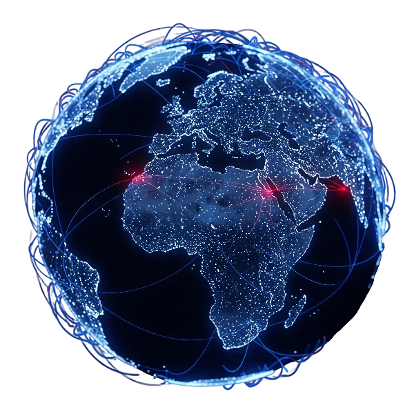 Wireframe globe tracking active anomaly signals across the planet